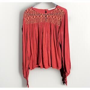 Hippie Laundry Boho Crochet Lace Gauze Peasant Blouse Rust Orange XL Festival